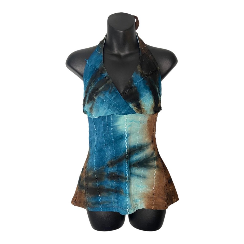 Vintage Y2K Le Chateau Brown & Blue Tie Dye Beaded Halter Top